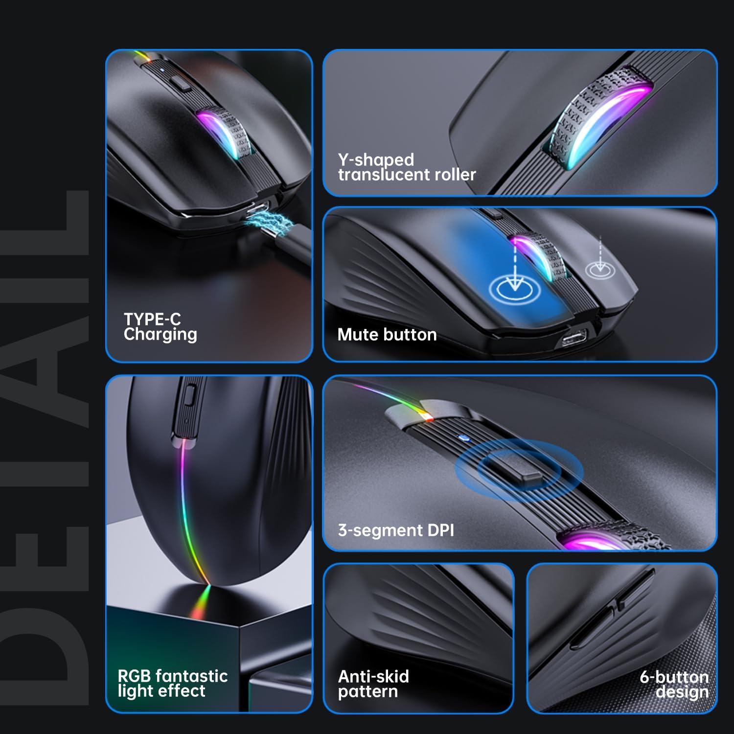 Rechargeable Bluetooth Mouse for MacBook, 6 Buttons, Comfortable to Hold, Quad-