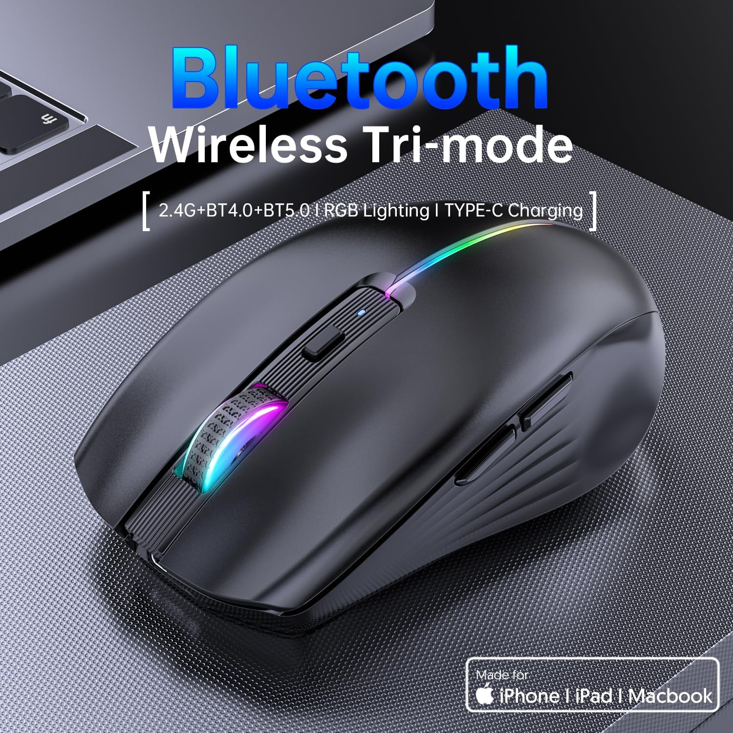 Rechargeable Bluetooth Mouse for MacBook, 6 Buttons, Comfortable to Hold, Quad-